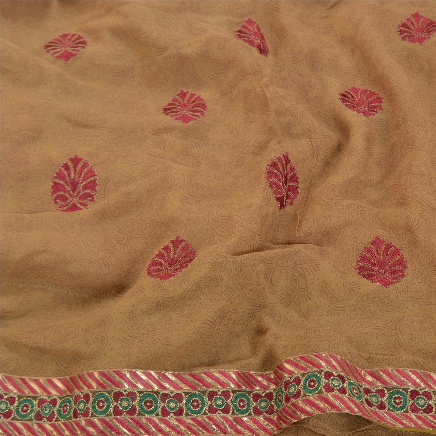Sanskriti Vintage Brown Sarees Blend Georgette Embroidered Sari 5yd Craft Sustainable Fabric