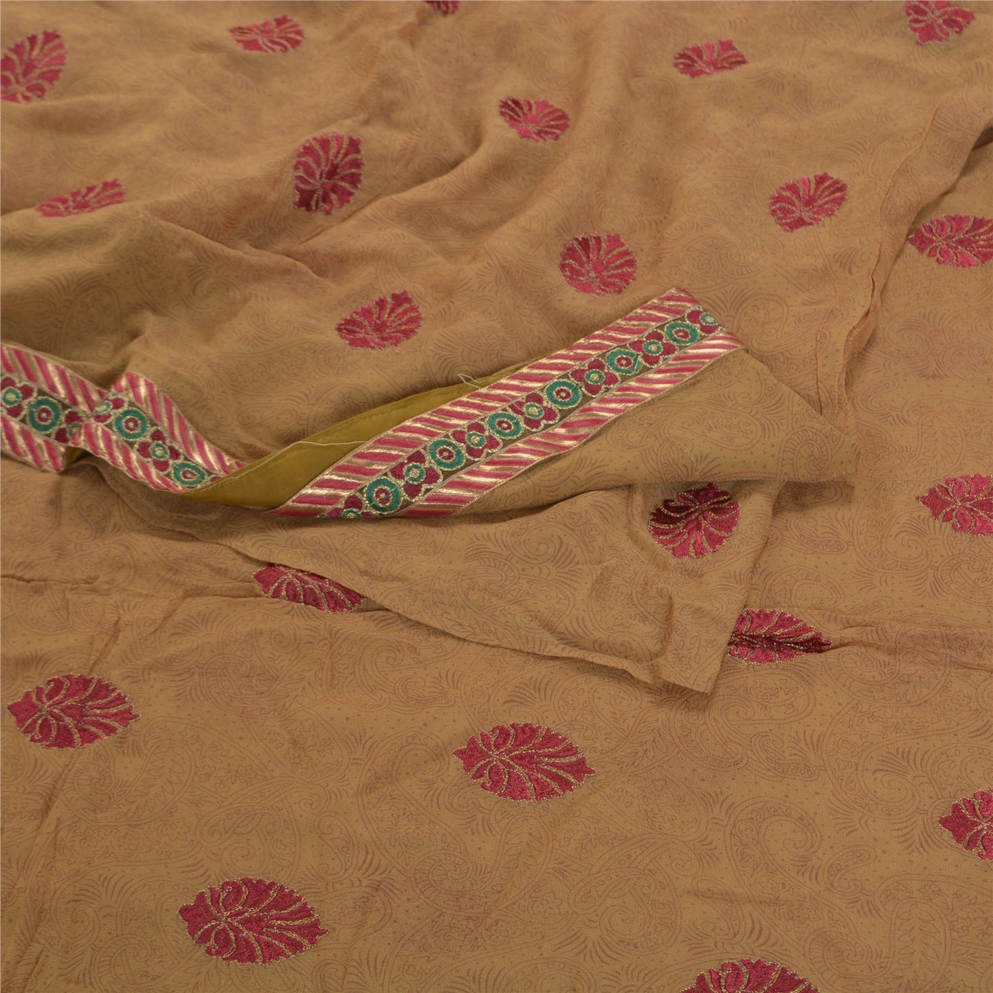 Sanskriti Vintage Brown Sarees Blend Georgette Embroidered Sari 5yd Craft Sustainable Fabric