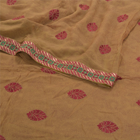 Sanskriti Vintage 100% Pure Georgette Silk Brown Embroidered Sarees 5Yd Craft Fabric Create-Floral Dresses, Kaftans, Skirts, Tops
