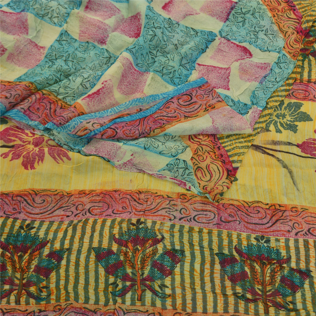 Sanskriti Vintage Sari Pure Georgette Printed Multicolor Saree 5 Yd Soft Craft Fabric Floral Recycled For Quilting Felting, Home Decor