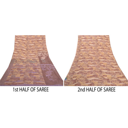 Sanskriti Vintage Brune Sarier Ren Georgette Silke Trykt Sari 5yd Håndværk Bæredygtigt Stoff