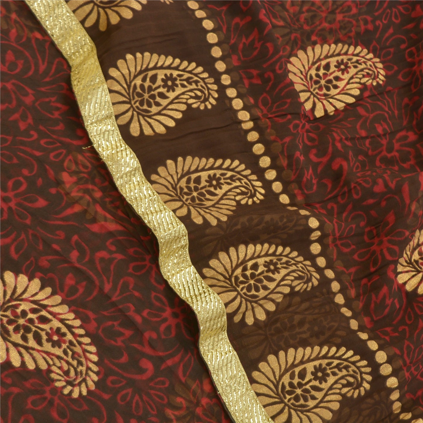 Sanskriti Vintage Red Sarees Polly Georgette Printed Painted Sari Craft Sustainable Fabric