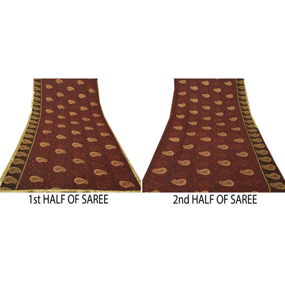 Sanskriti Vintage Red Sarees Polly Georgette Printed Painted Sari Craft Sustainable Fabric