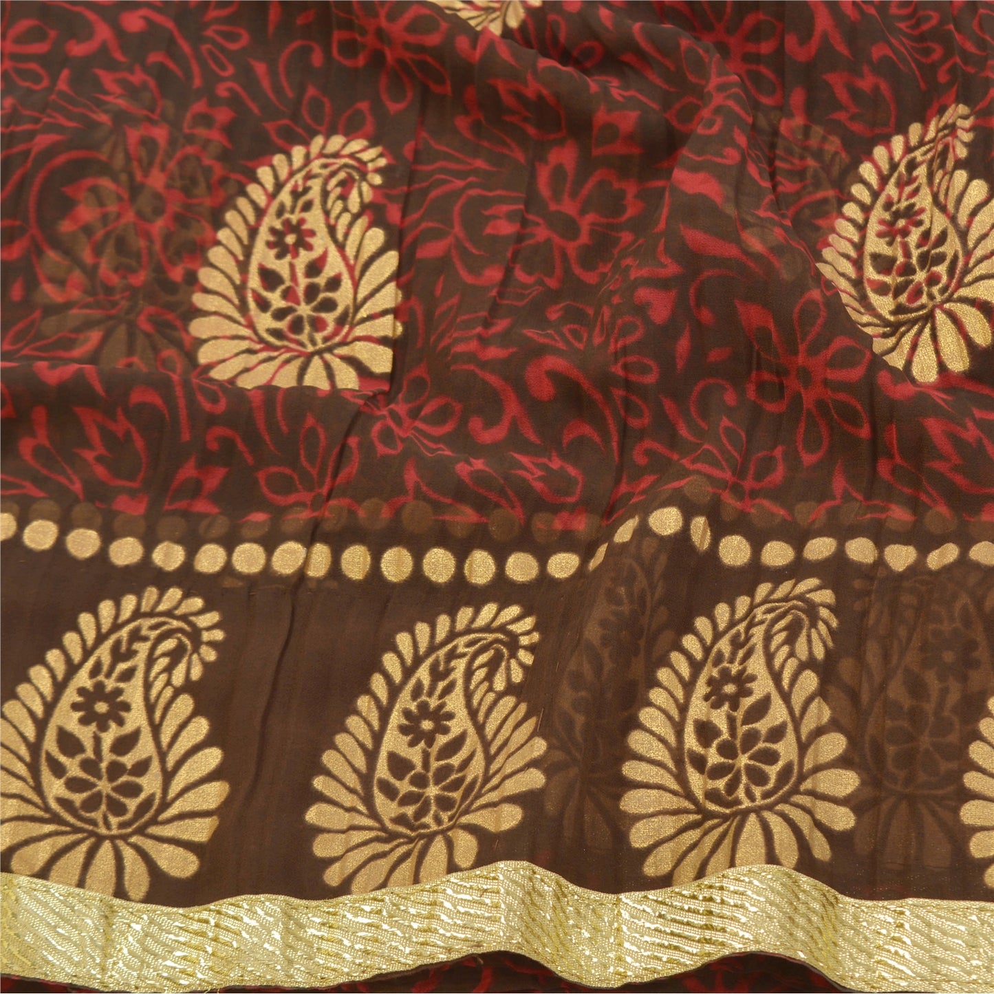 Sanskriti Vintage Red Sarees Polly Georgette Printed Painted Sari Craft Sustainable Fabric