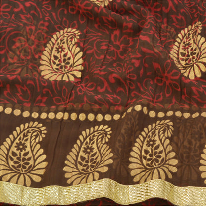Sanskriti Vintage Red Sarees Polly Georgette Printed Painted Sari Craft Sustainable Fabric