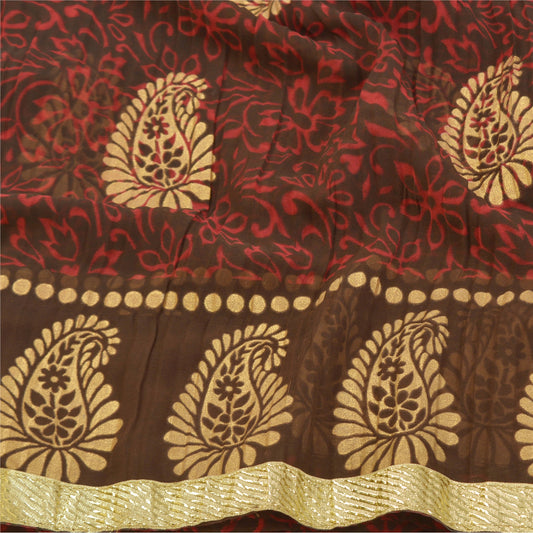 Sanskriti Vintage Red Sarees Polly Georgette Printed Painted Sari Craft Sustainable Fabric