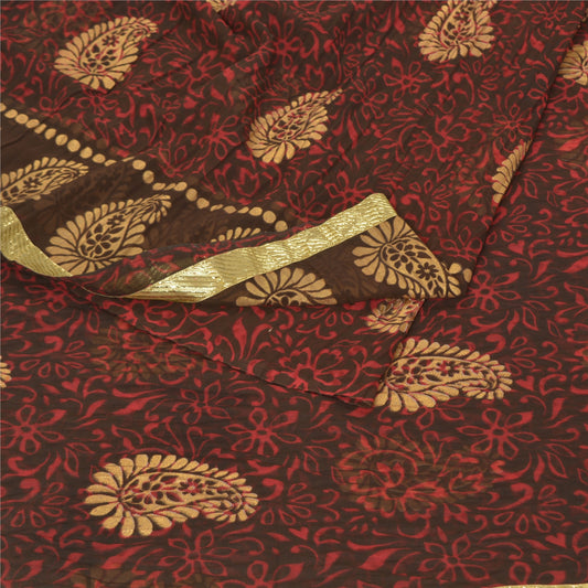 Sanskriti Vintage Red Sarees Polly Georgette Printed Painted Sari Craft Sustainable Fabric