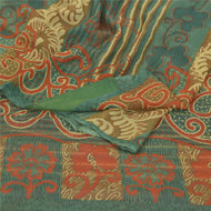 Sanskriti Vintage Green Sarees Pure Chiffon Silk Printed Sari 5yd Craft Fabric