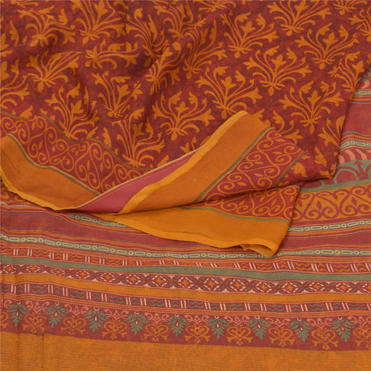Sanskriti Vintage Dark Red Sarees Pure Chiffon Silk Printed Sari Craft Sustainable Fabric