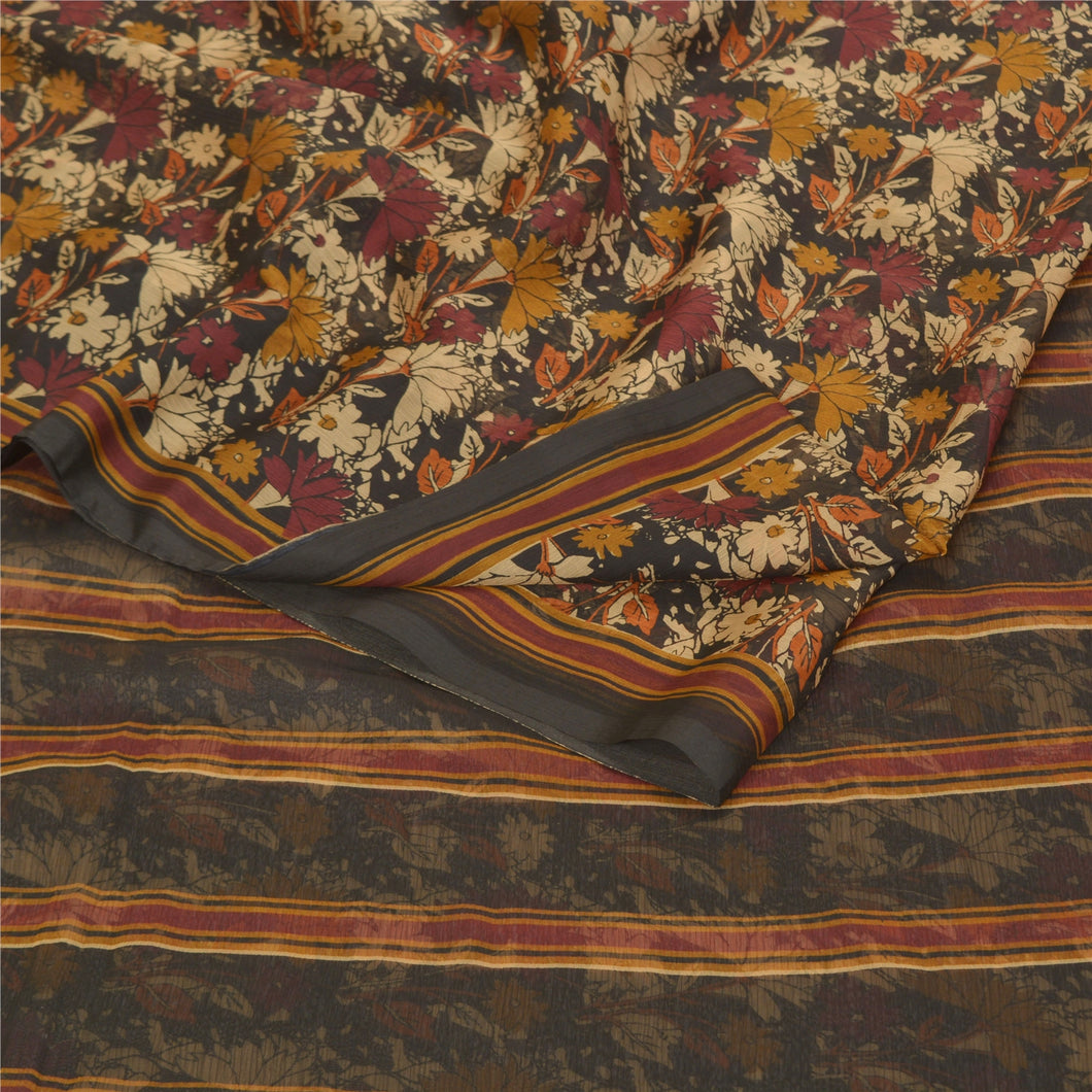 Sanskriti Vintage Red Sarees Poly Chiffon Floral Printed Sari 5YD Craft Fabric