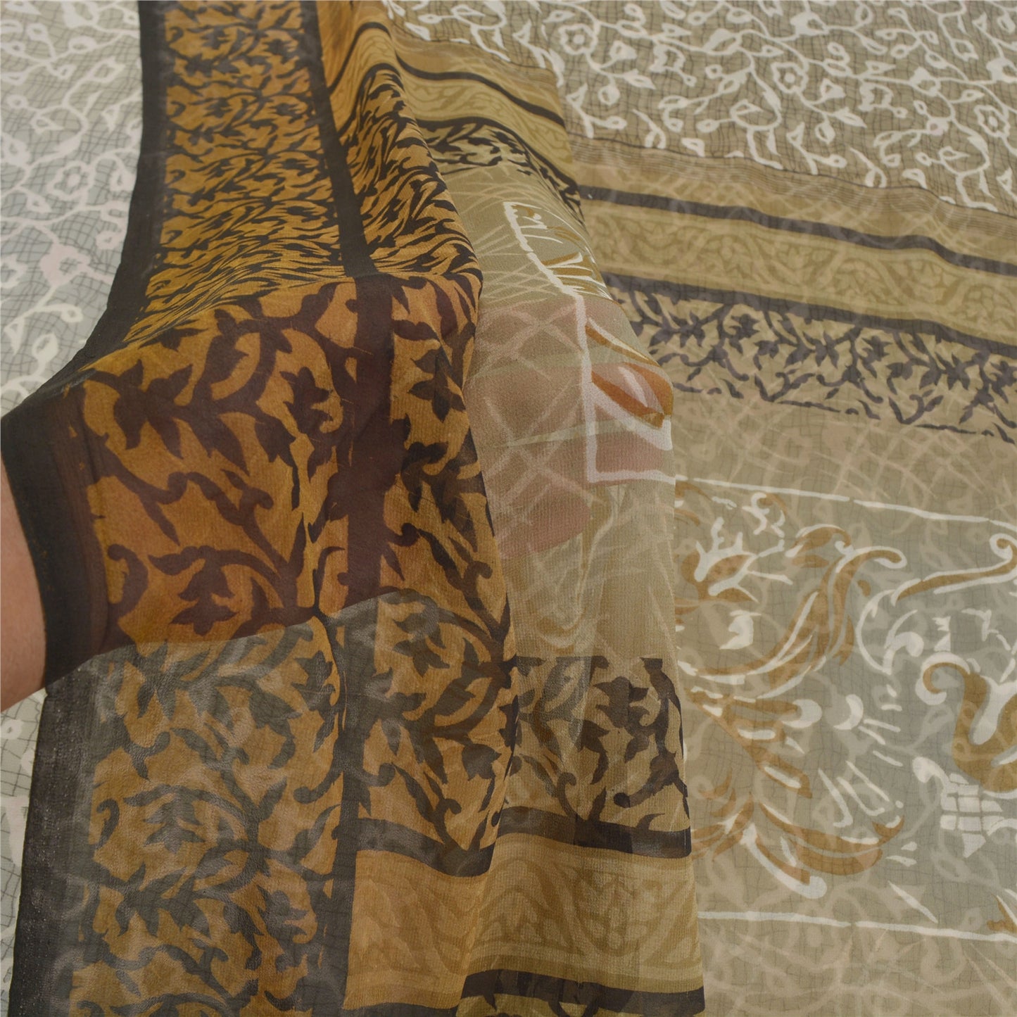 Sanskriti Vintage Green Sarees Poly Georgette Printed Sari 5YD Sustainable Fabric