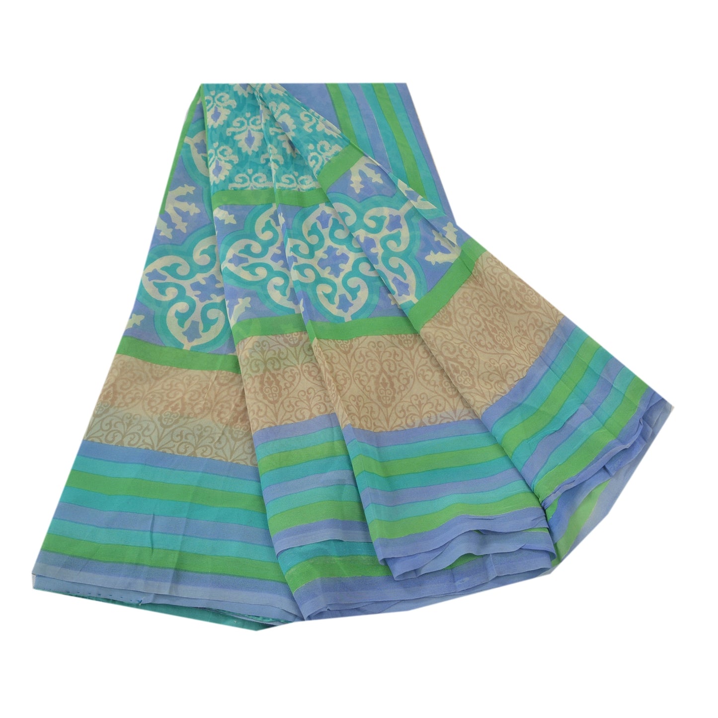 Sanskriti Vintage Grønne Sarier Ren Georgette Silke Trykt Sari 5YD Håndværk Bæredygtigt Stoff