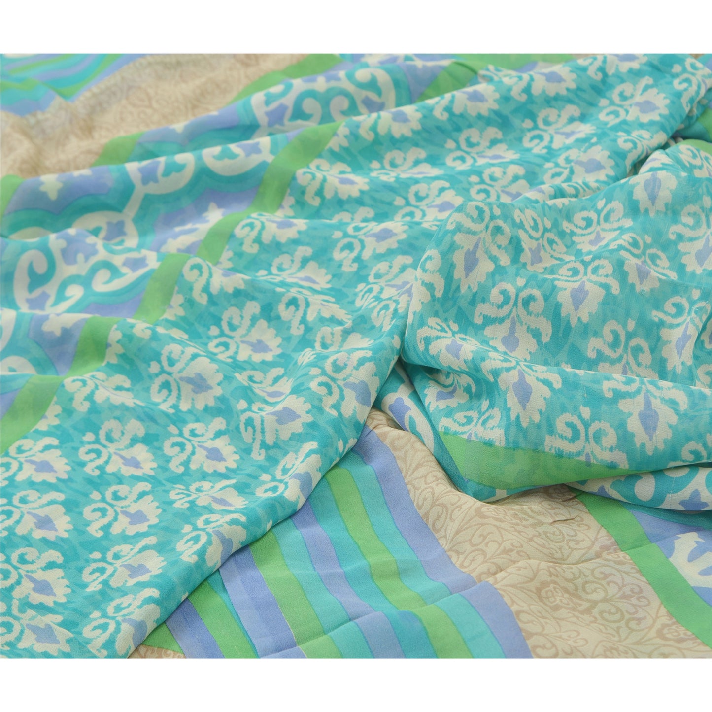 Sanskriti Vintage Grønne Sarier Ren Georgette Silke Trykt Sari 5YD Håndværk Bæredygtigt Stoff