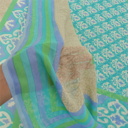 Sanskriti Vintage Grønne Sarier Ren Georgette Silke Trykt Sari 5YD Håndværk Bæredygtigt Stoff