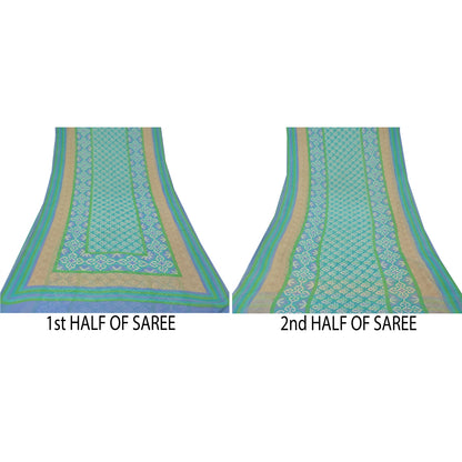 Sanskriti Vintage Grønne Sarier Ren Georgette Silke Trykt Sari 5YD Håndværk Bæredygtigt Stoff