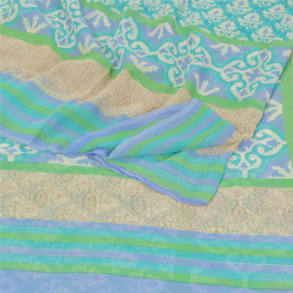 Sanskriti Vintage Grønne Sarier Ren Georgette Silke Trykt Sari 5YD Håndværk Bæredygtigt Stoff