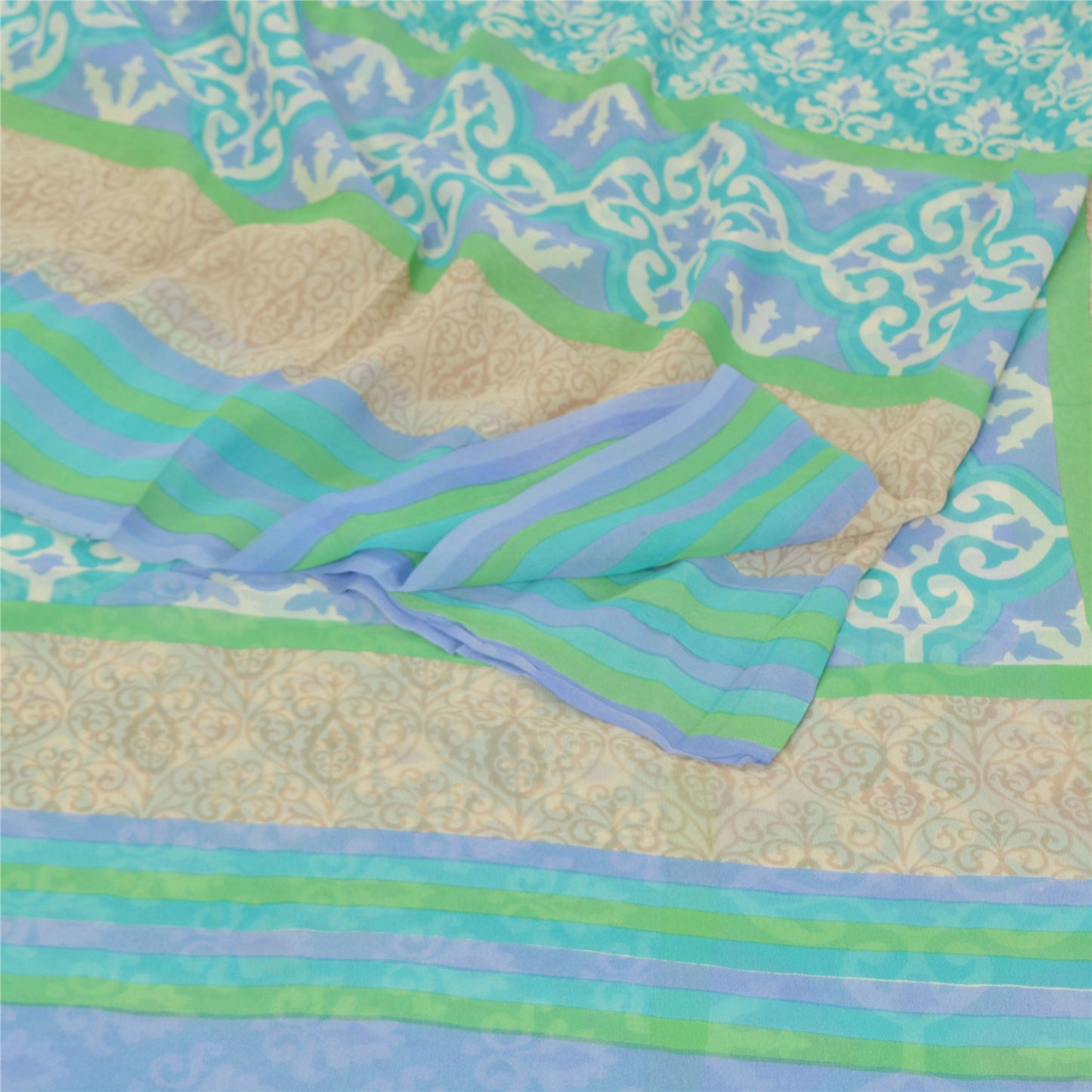 Sanskriti Vintage Grønne Sarier Ren Georgette Silke Trykt Sari 5YD Håndværk Bæredygtigt Stoff