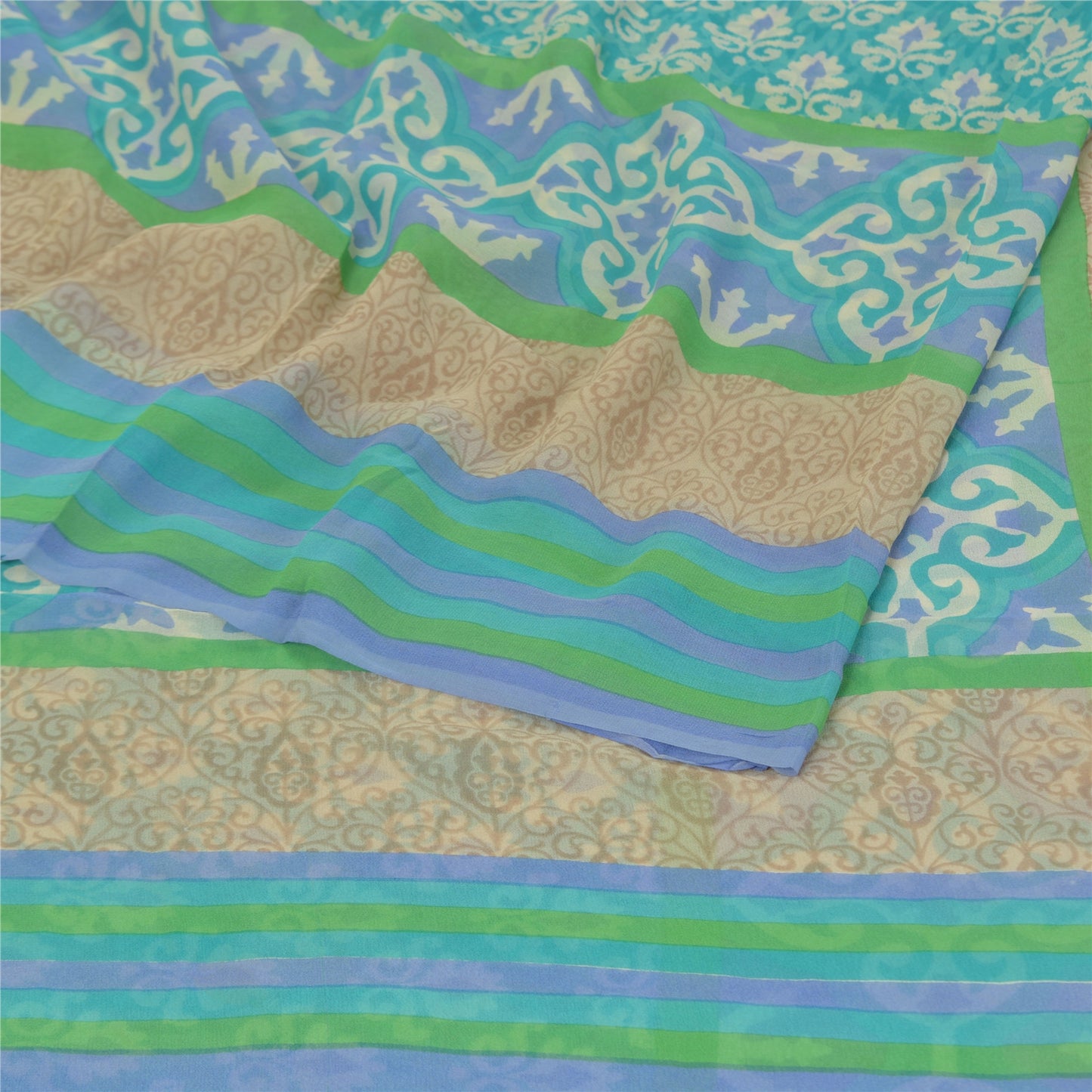 Sanskriti Vintage Grønne Sarier Ren Georgette Silke Trykt Sari 5YD Håndværk Bæredygtigt Stoff