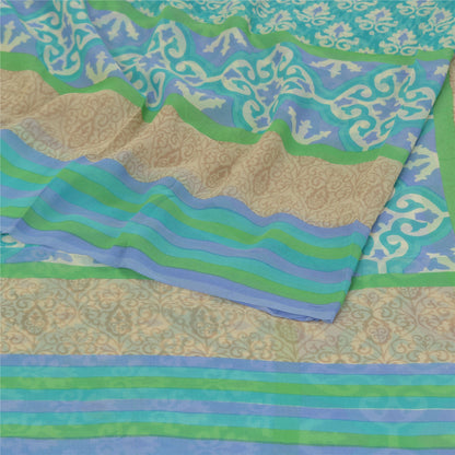 Sanskriti Vintage Grønne Sarier Ren Georgette Silke Trykt Sari 5YD Håndværk Bæredygtigt Stoff