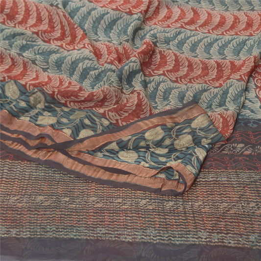 Sanskriti Vintage Green & Red Sarees Pure Georgette Printed Sari Craft Sustainable Fabric