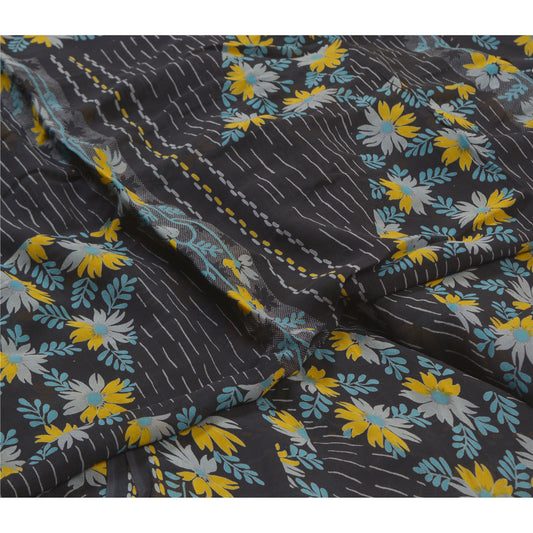 Сари Sanskriti Vintage Black Sarees Blend Georgette Printed Sari 5yd Craft Sustainable Fabric