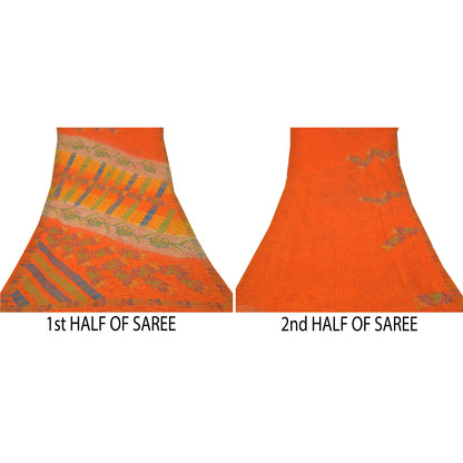 Sanskriti Vintage Orange Sarees Pure 100% Georgette Printed Sari Craft Sustainable Fabric