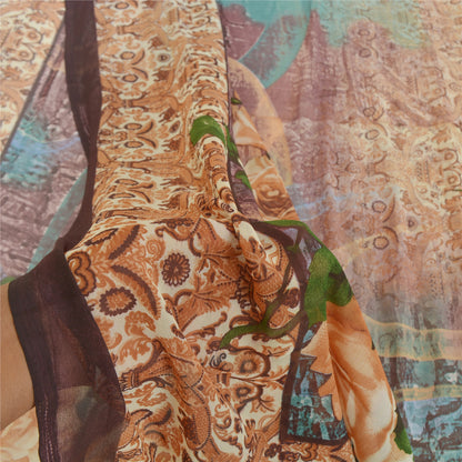 Sanskriti Vintage Beige Sarees Poly Georgette Printed Sari Craft Sustainable Fabric