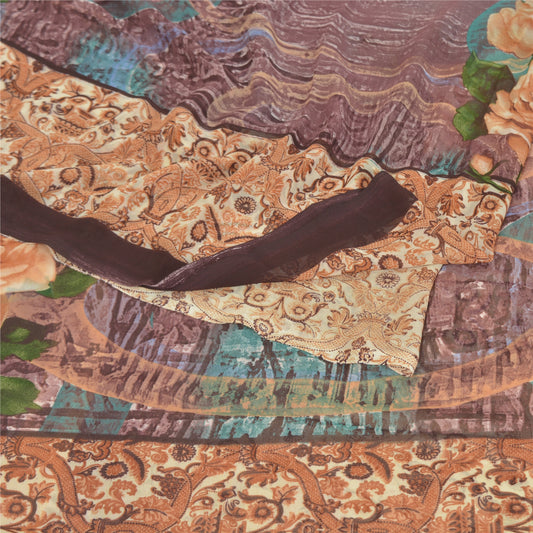 Sanskriti Vintage Beige Sarees Poly Georgette Printed Sari Craft Sustainable Fabric