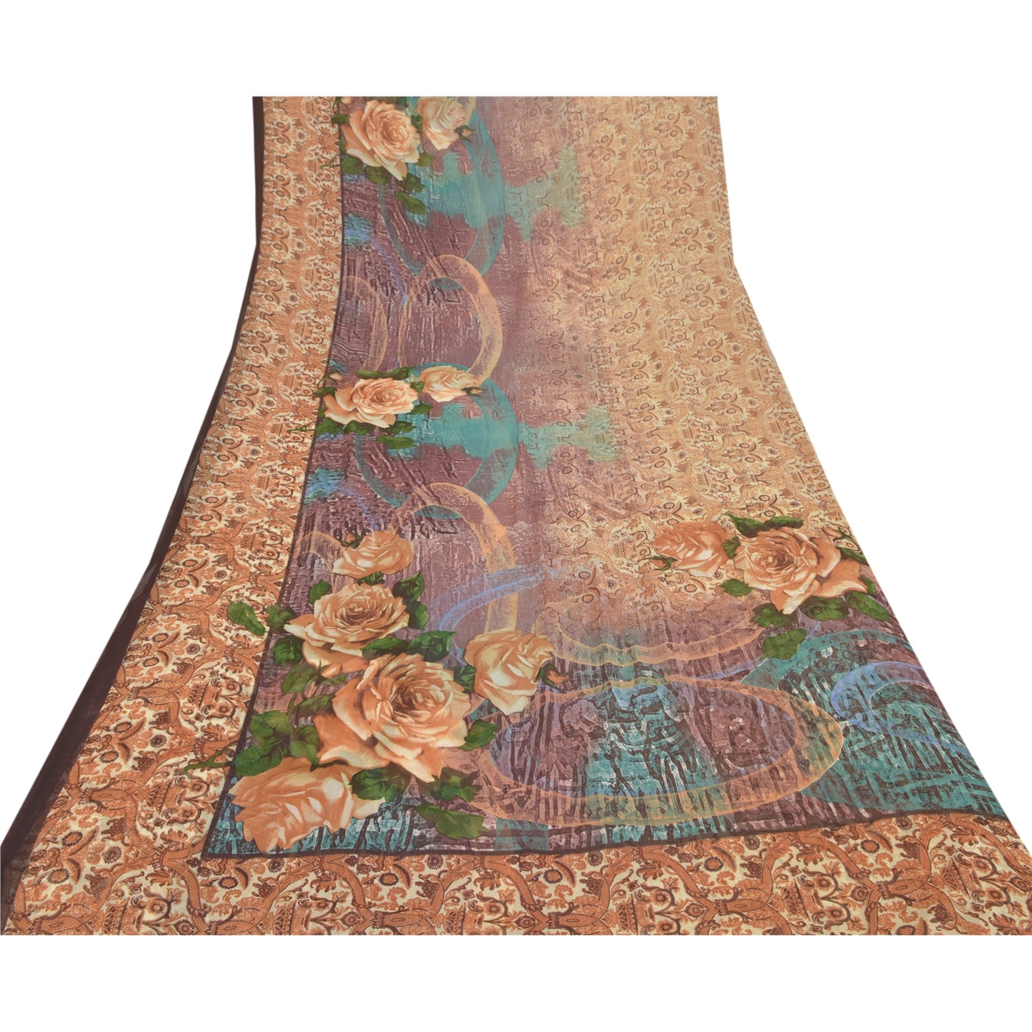 Sanskriti Vintage Beige Sarees Poly Georgette Printed Sari Craft Sustainable Fabric