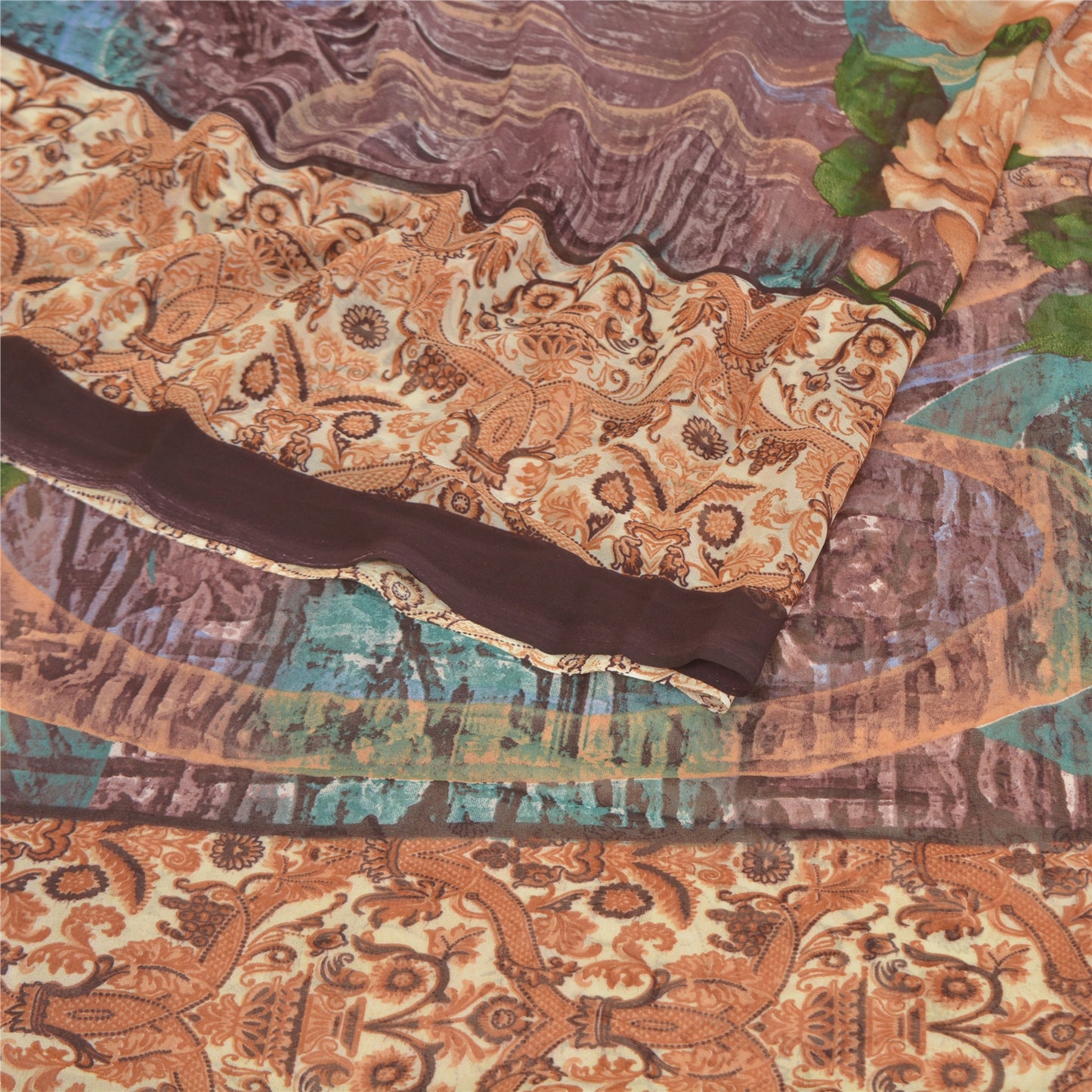 Sanskriti Vintage Beige Sarees Poly Georgette Printed Sari Craft Sustainable Fabric