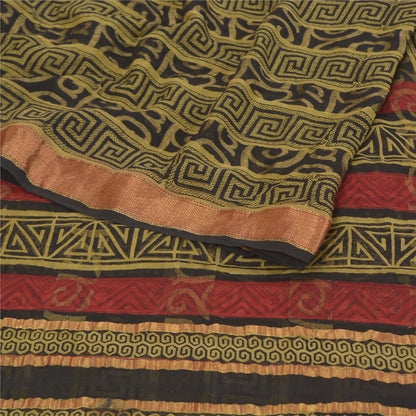 Sanskriti Vintage Olive green Sarees Pure Georgette Printed Sari Craft Sustainable Fabric
