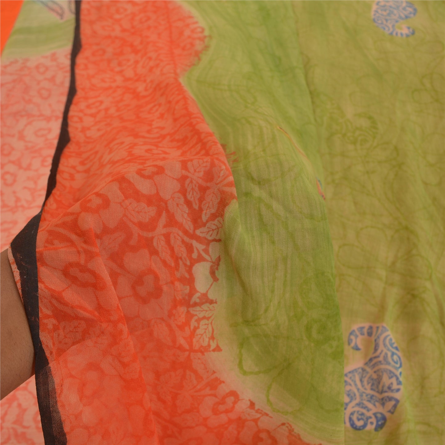 Sanskriti Vintage Green & Orange Sarees 100% Pure Georgette Printed Sari Craft