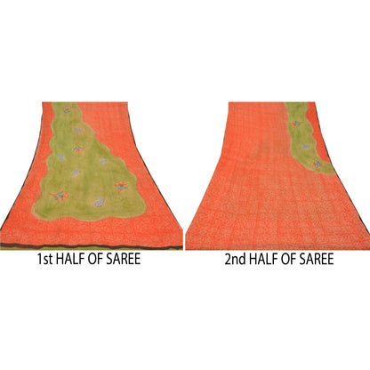 Sanskriti Vintage Green & Orange Sarees 100% Pure Georgette Printed Sari Craft