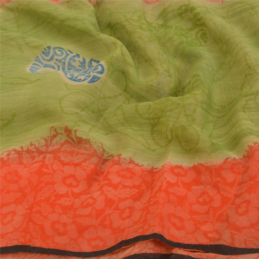 Sanskriti Vintage Green & Orange Sarees 100% Pure Georgette Printed Sari Craft