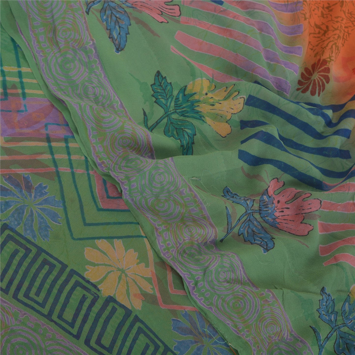Sanskriti Vintage Green & orange Sarees 100% Pure Georgette Printed Sari Craft