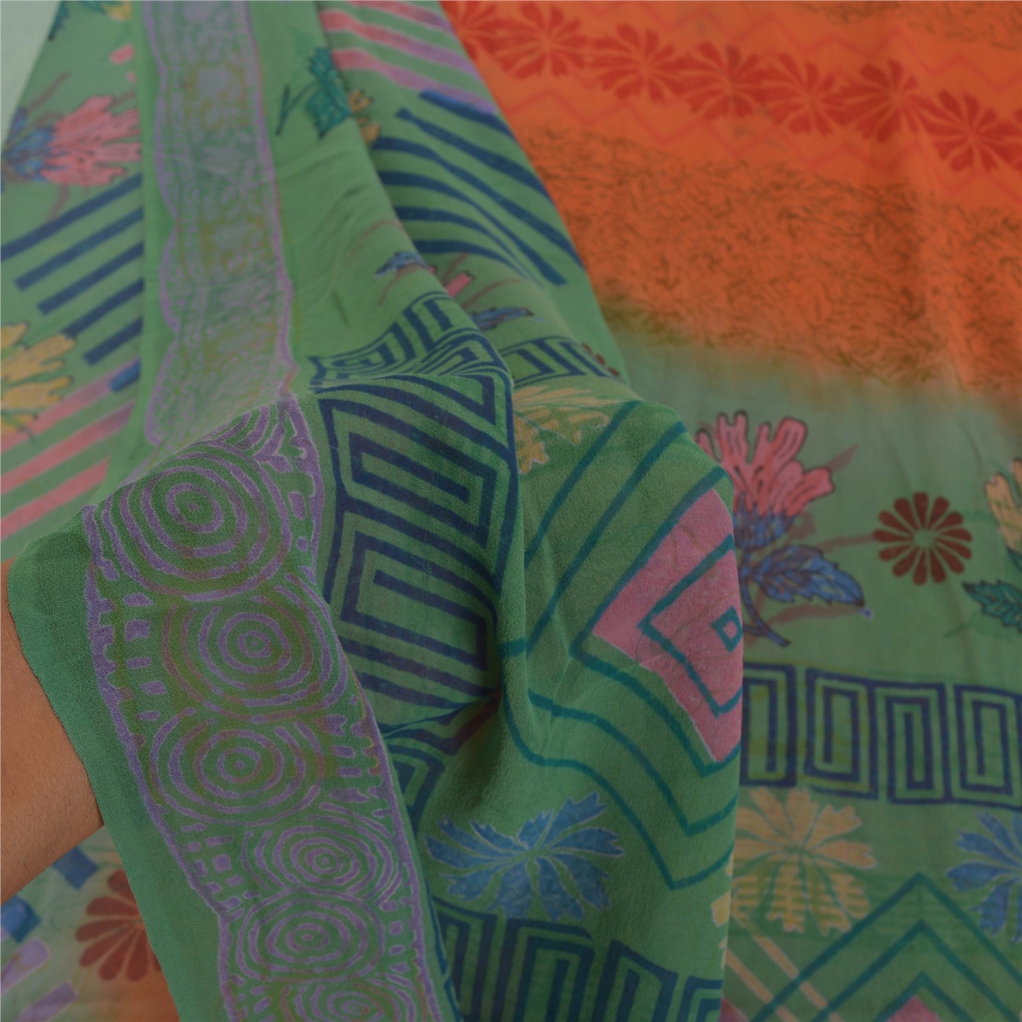 Sanskriti Vintage Green & orange Sarees 100% Pure Georgette Printed Sari Craft