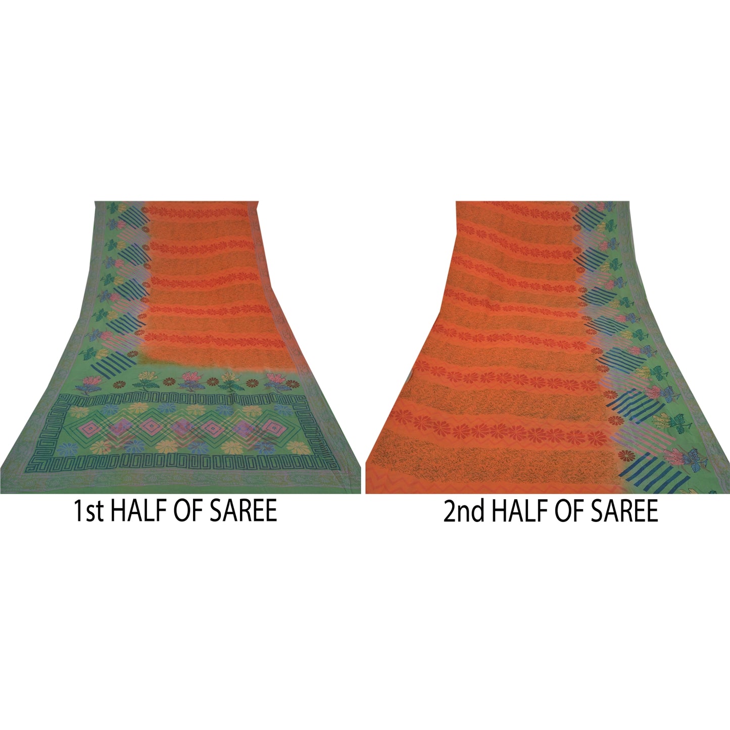 Sanskriti Vintage Green & orange Sarees 100% Pure Georgette Printed Sari Craft