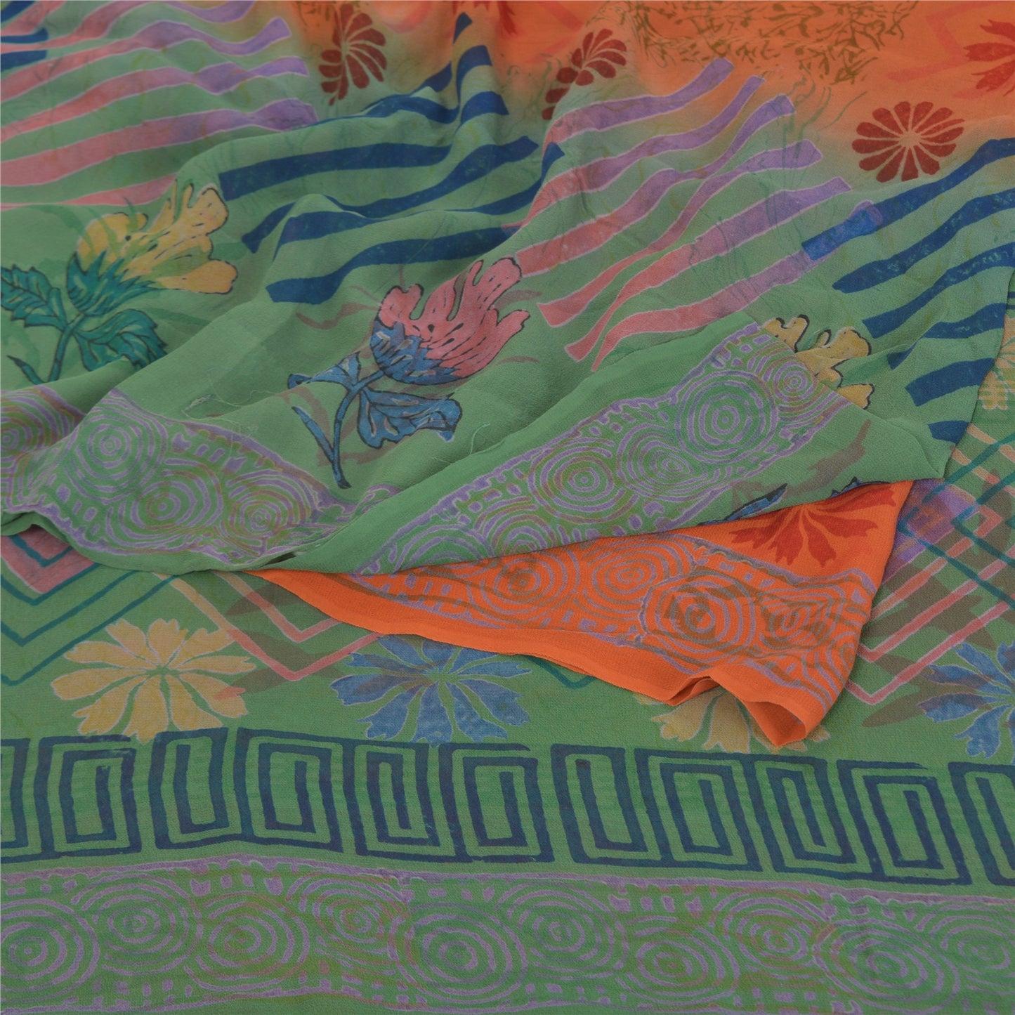 Sanskriti Vintage Green & orange Sarees 100% Pure Georgette Printed Sari Craft