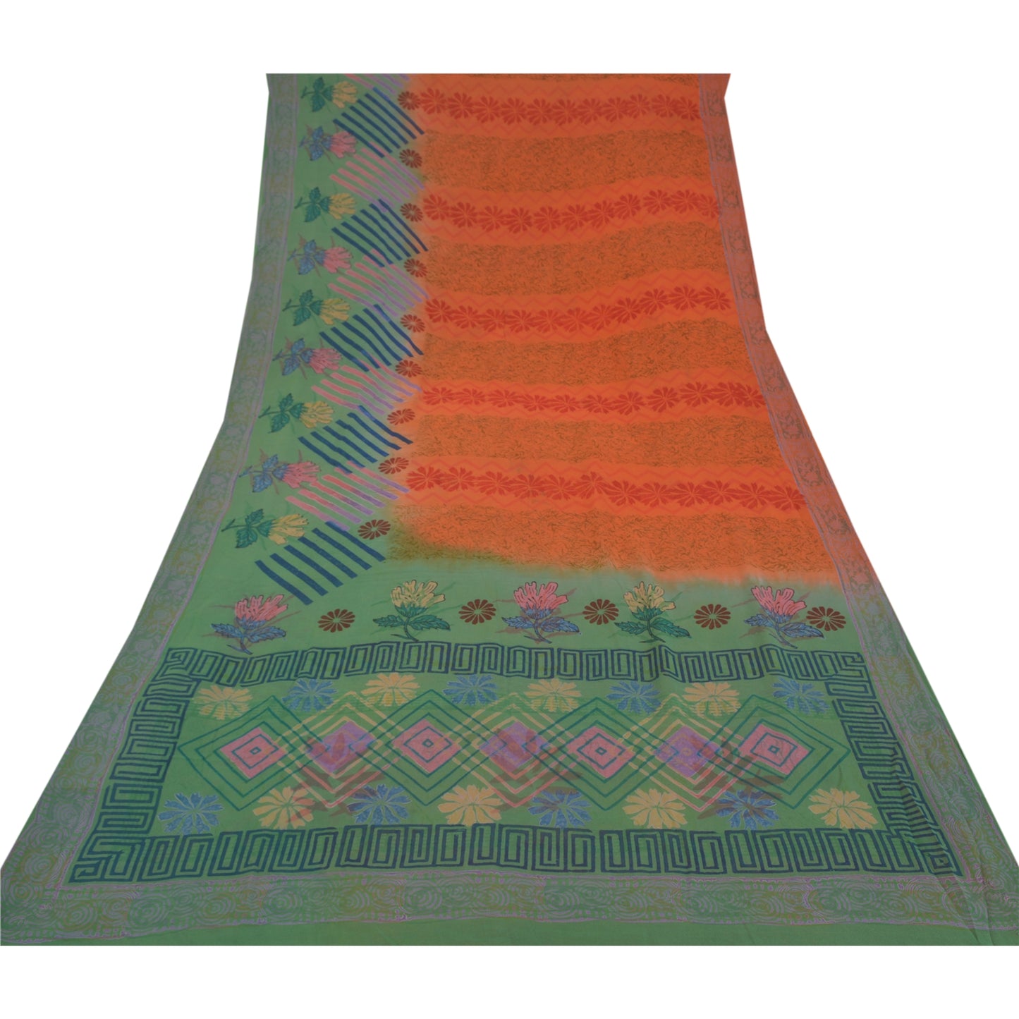 Sanskriti Vintage Green & orange Sarees 100% Pure Georgette Printed Sari Craft
