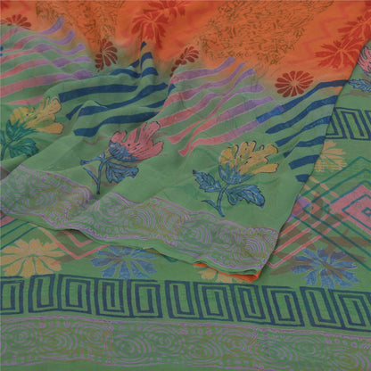 Sanskriti Vintage Green & orange Sarees 100% Pure Georgette Printed Sari Craft