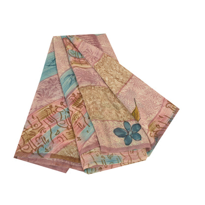 Sanskriti Vintage lyserøde sarier 100% ren georgette-trykt sari håndlavet bæredygtigt stof