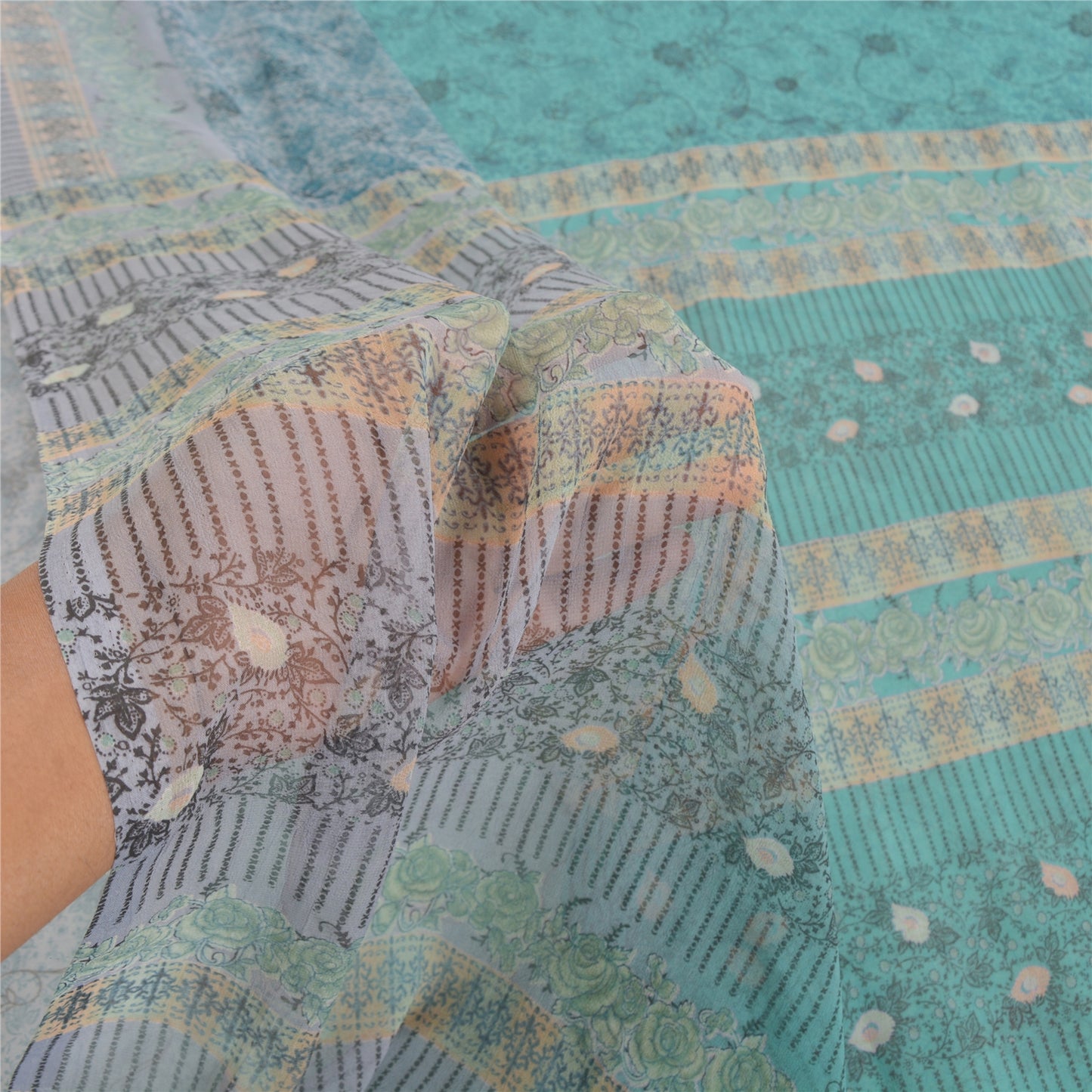 Sanskriti Vintage blue Sarees Poly Georgette Printed Sari Craft Sustainable Fabric