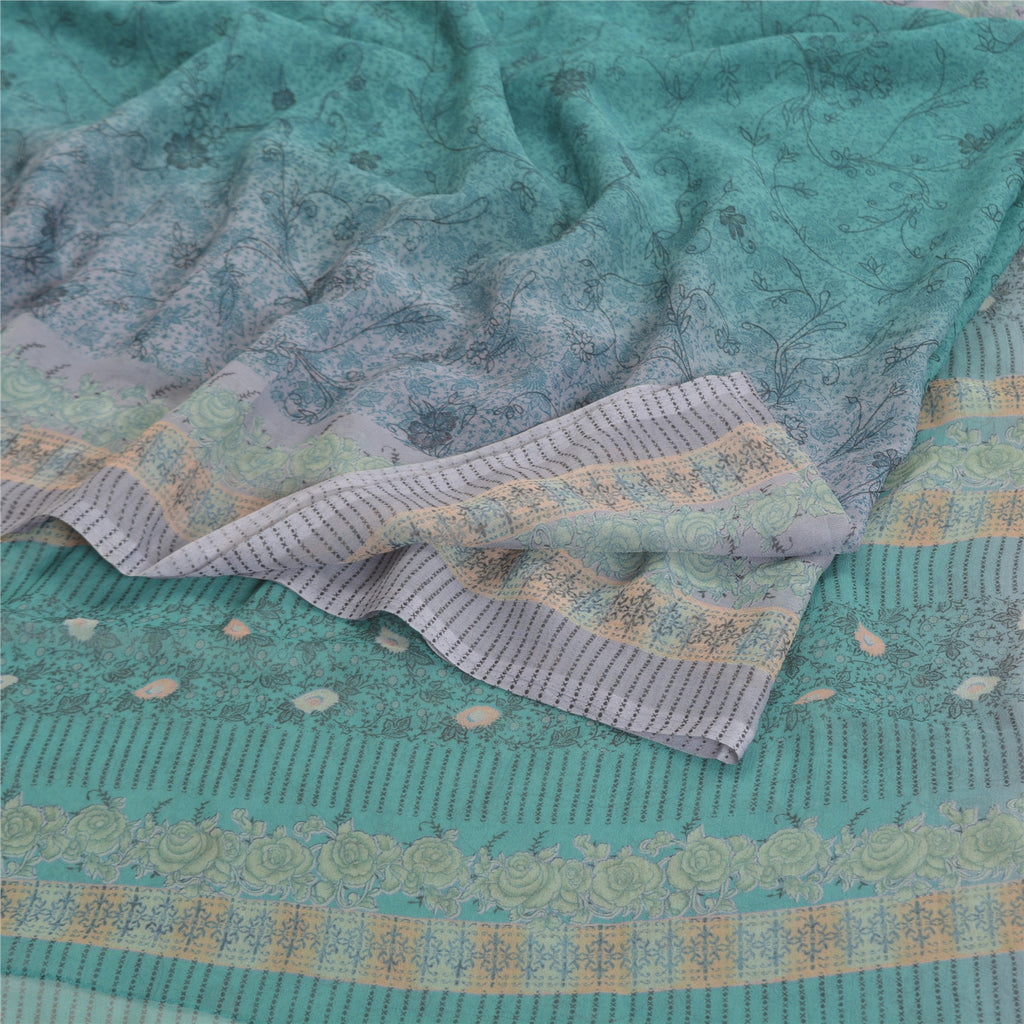 Sanskriti Vintage blue Sarees Poly Georgette Printed Sari Craft Sustainable Fabric