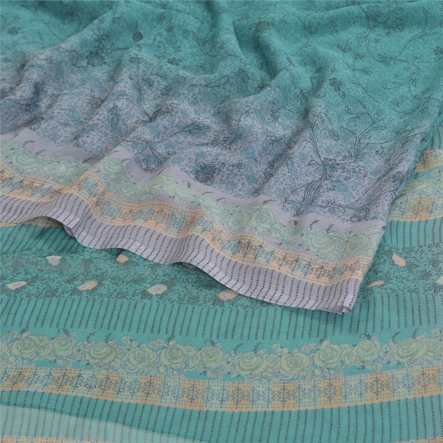 Sanskriti Vintage blue Sarees Poly Georgette Printed Sari Craft Sustainable Fabric