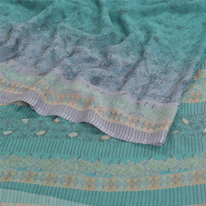Sanskriti Vintage blue Sarees Poly Georgette Printed Sari Craft Sustainable Fabric