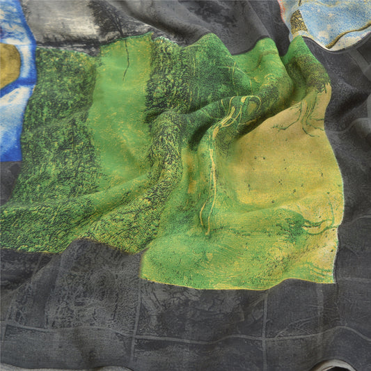 Sanskriti Vintage black Sarees Poly Georgette Printed Sari Craft Sustainable Fabric