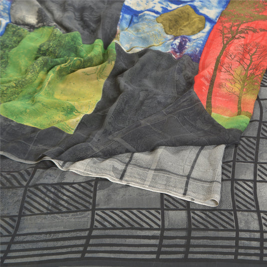 Sanskriti Vintage black Sarees Poly Georgette Printed Sari Craft Sustainable Fabric