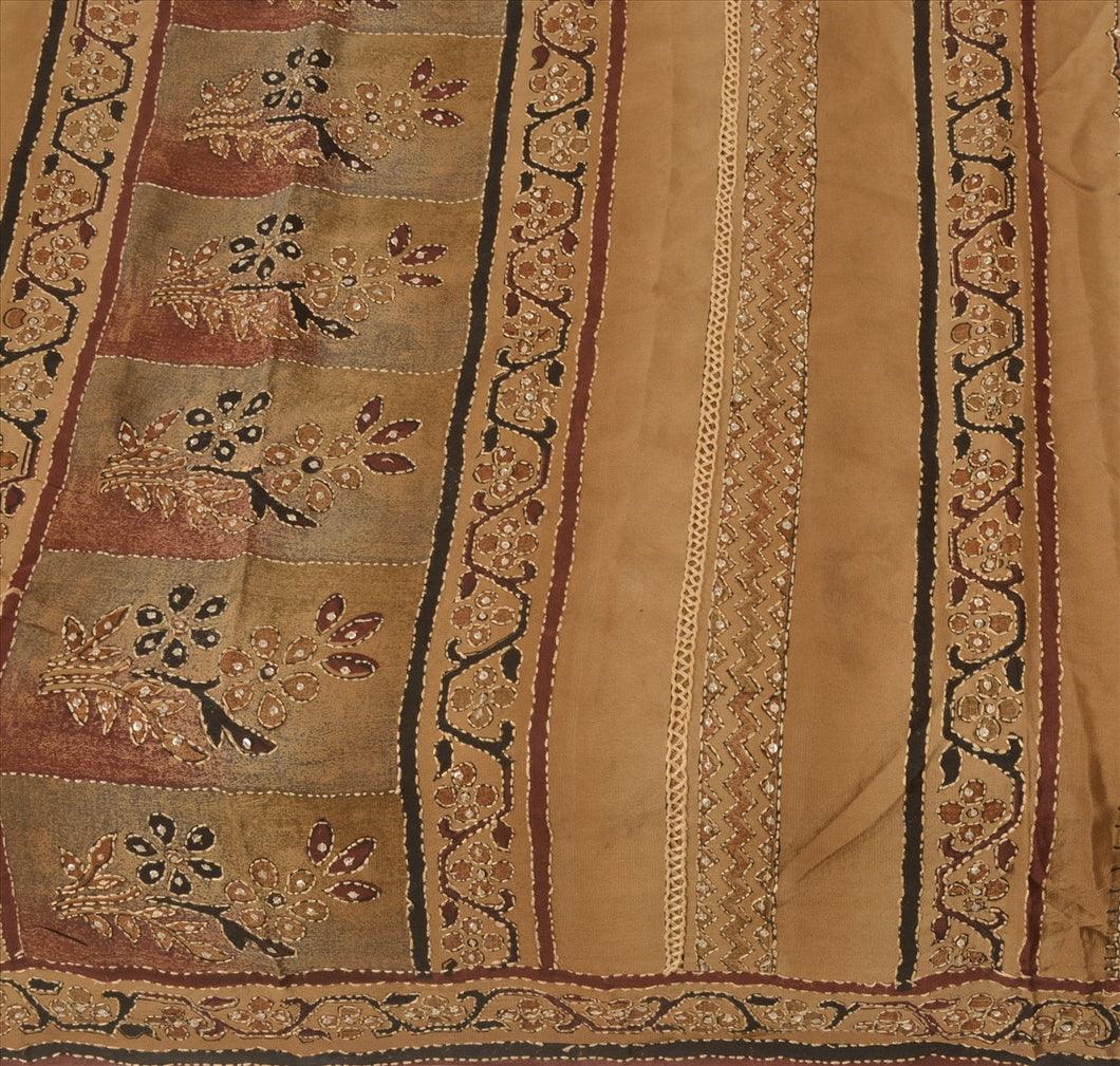Vintage Indian 100% Pure Crepe Silk Saree Hand Embroidered Fabric Kantha Sari