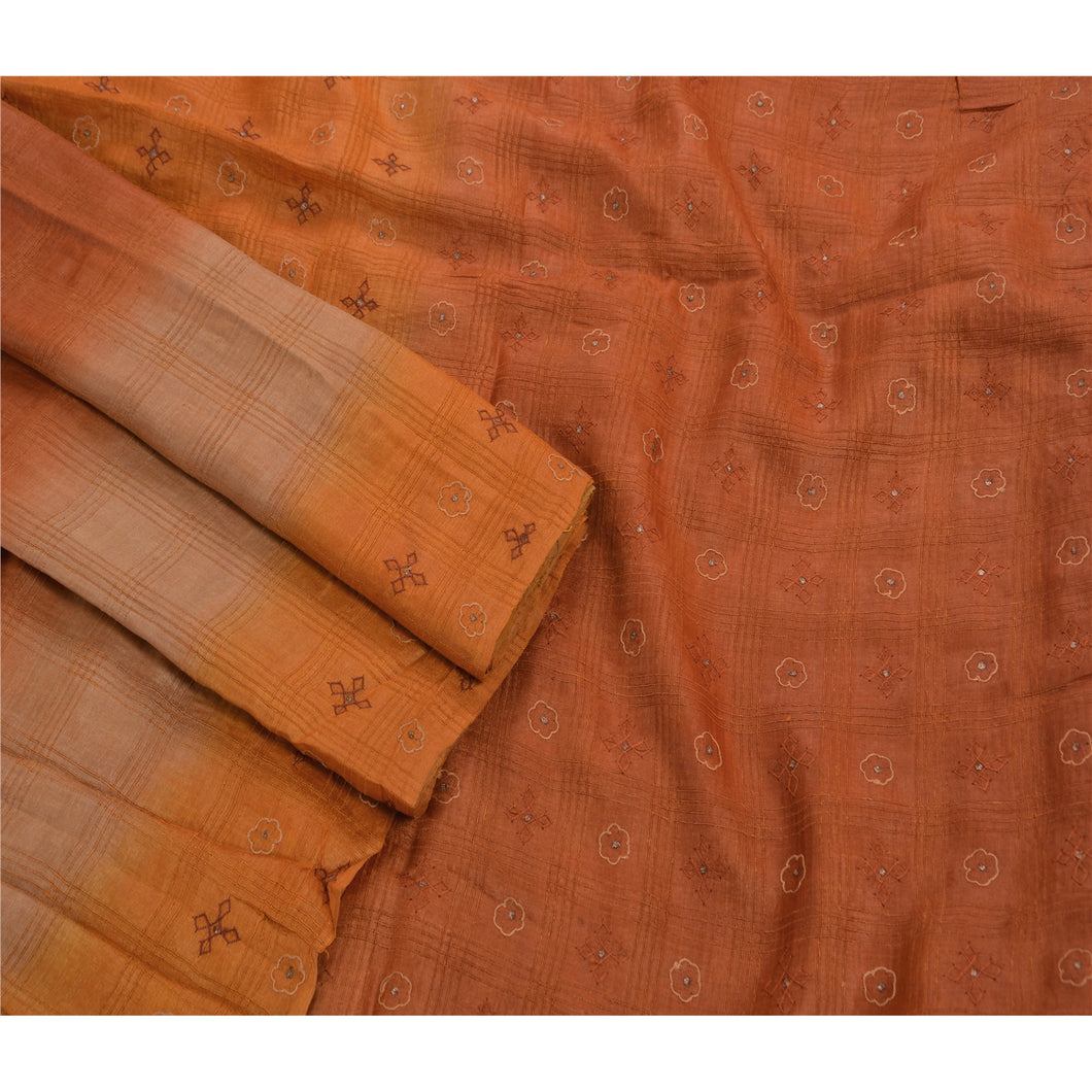 Antique Vintage Saree 100% Pure Silk Hand Embroidered Orange Craft Fabric Sari