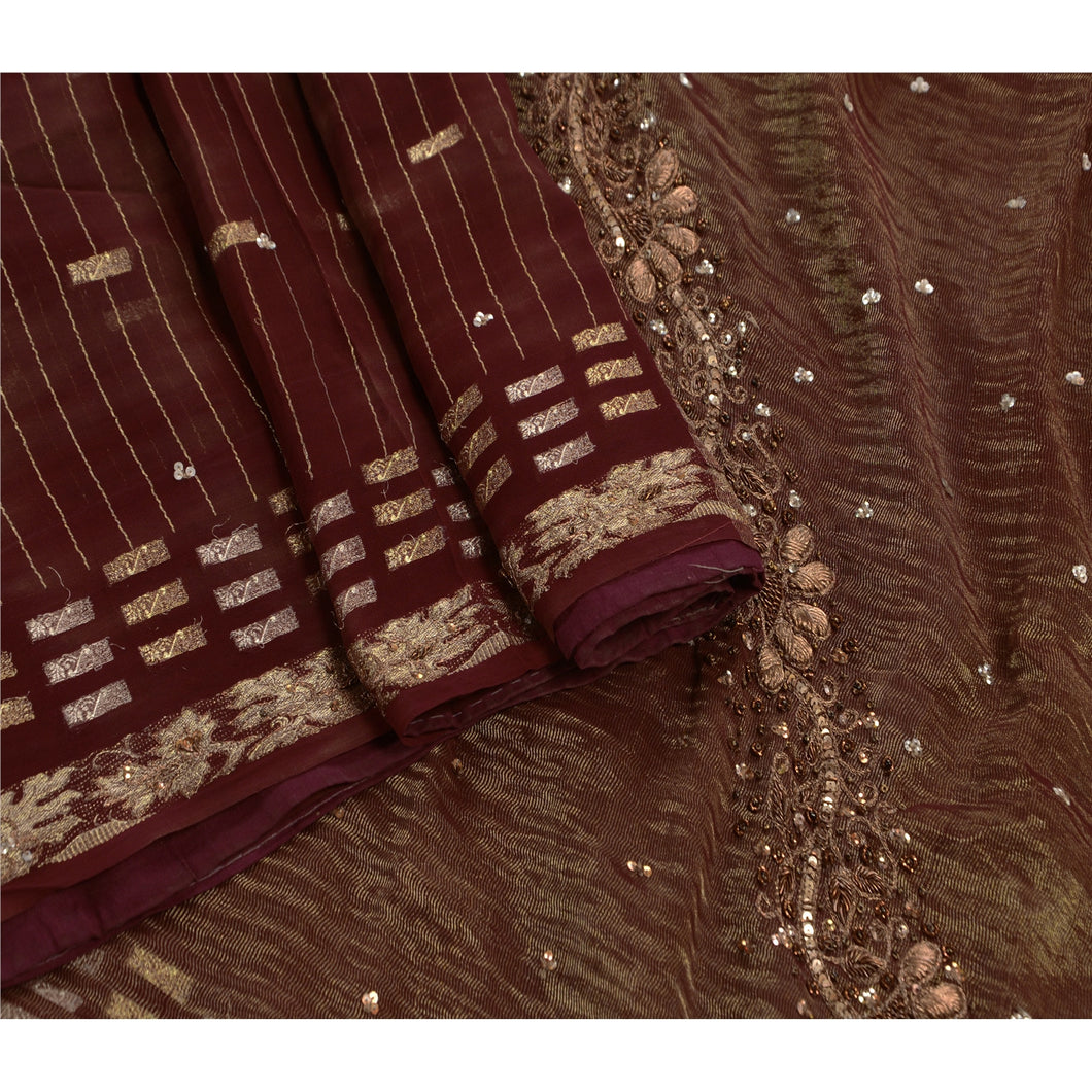 Vintage Saree 100% Pure Georgette Silk Hand Beaded Fabric Ethnic Premium Sari